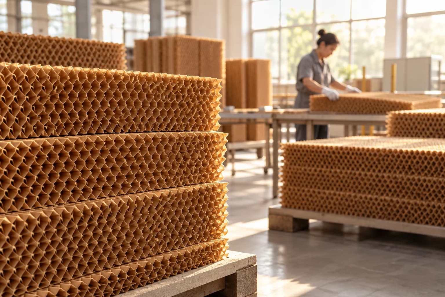 Honeycomb cooling pads arranged in a workshop