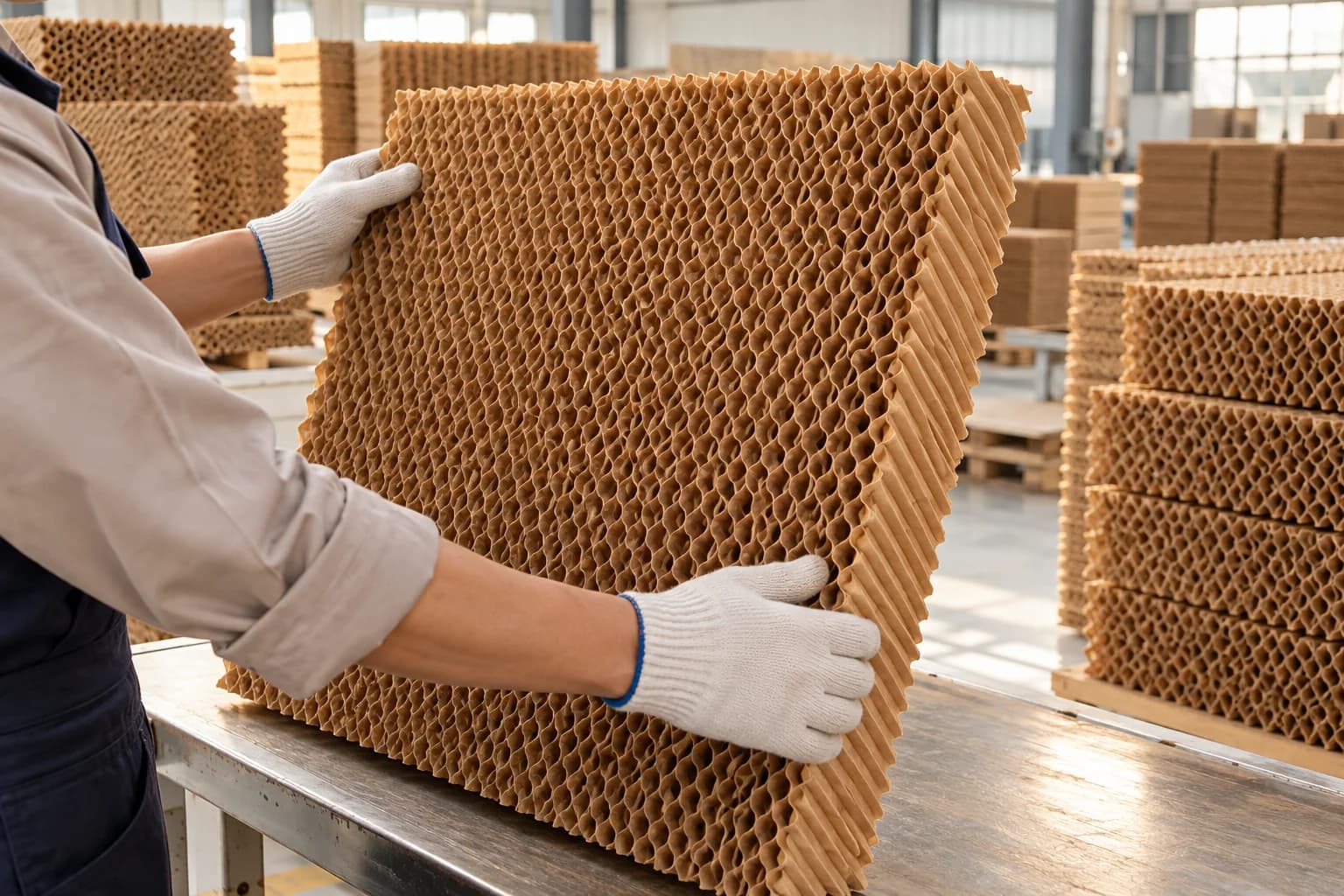 Workshop worker handling a honeycomb cooling pad