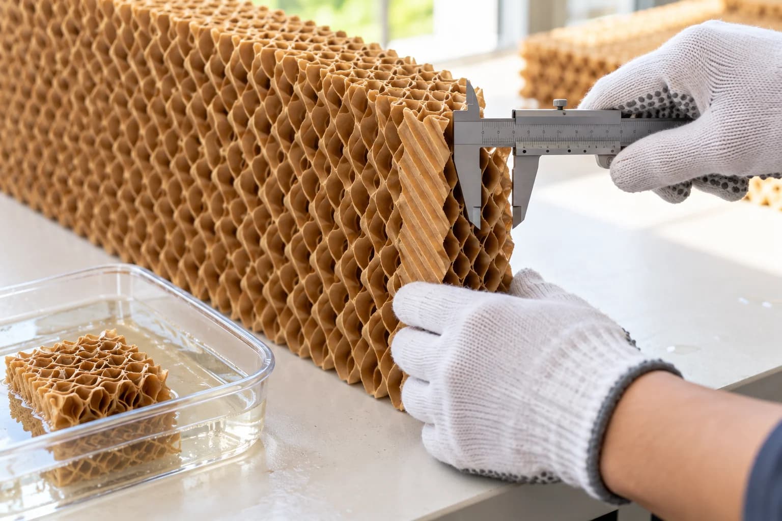 Gloved hands measuring the thickness of honeycomb cooling media