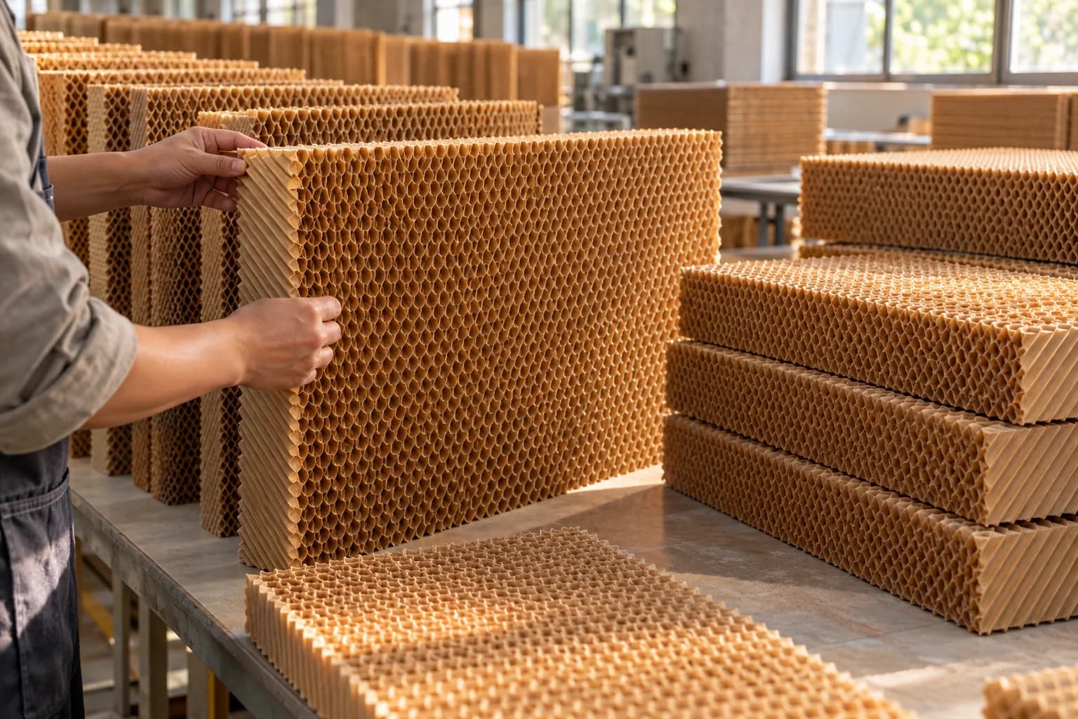 Cooling pad sheets being checked and stacked in a workshop setting