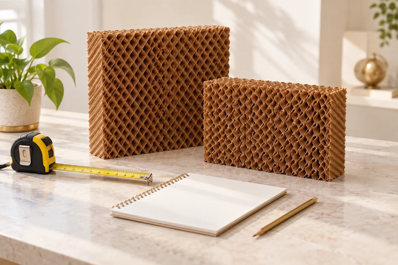 Honeycomb cooling pad samples beside a measuring tape and notebook