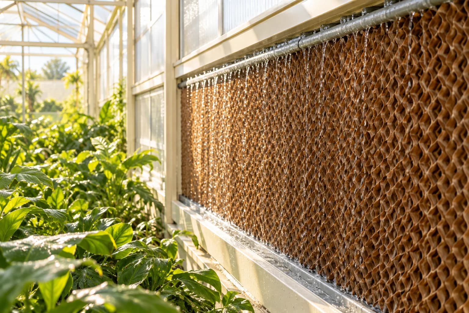 Water wetting a honeycomb cooling pad beside greenhouse plants
